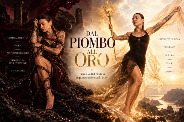 Dal piombo all’oro: due figure, catene e particelle dorate, dalla rovina alla luce.